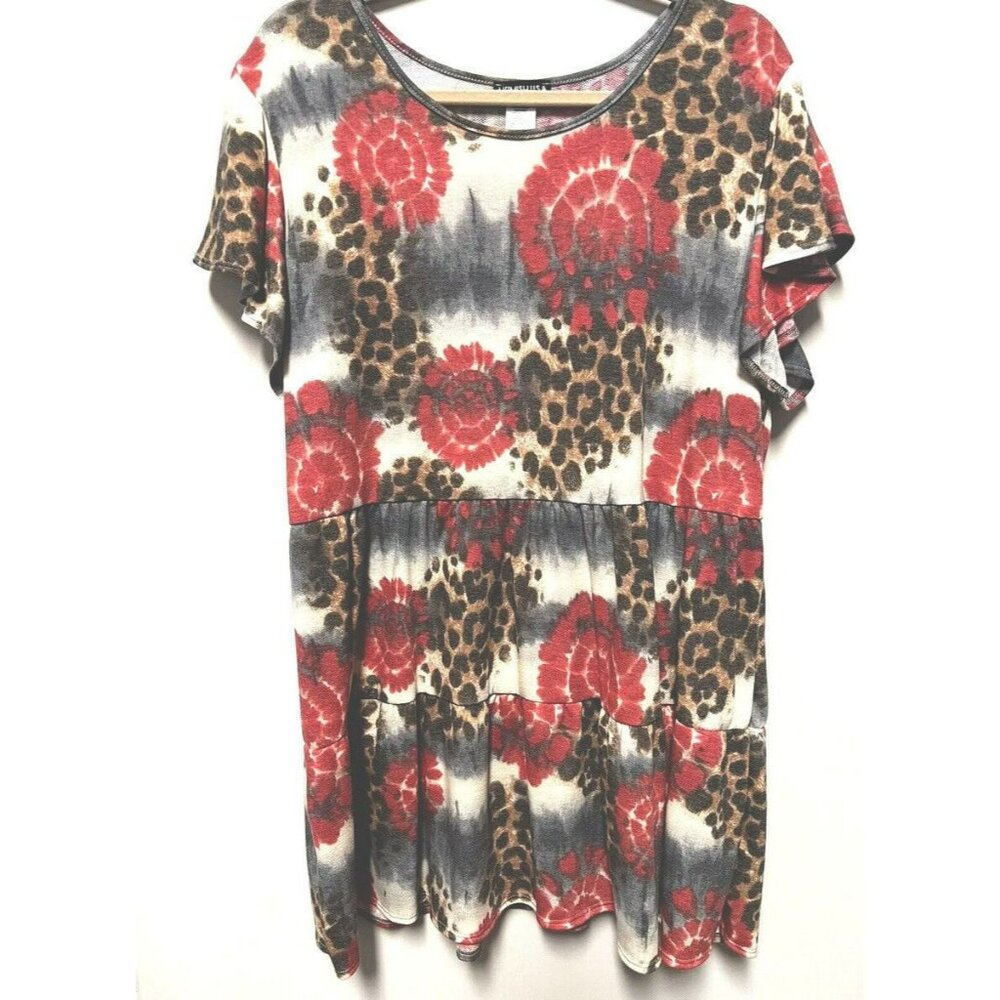 Heimish Womens Top 3XL BabyDoll Tie Dye Leopard Red Gray Black Short sleeve‎ NEW